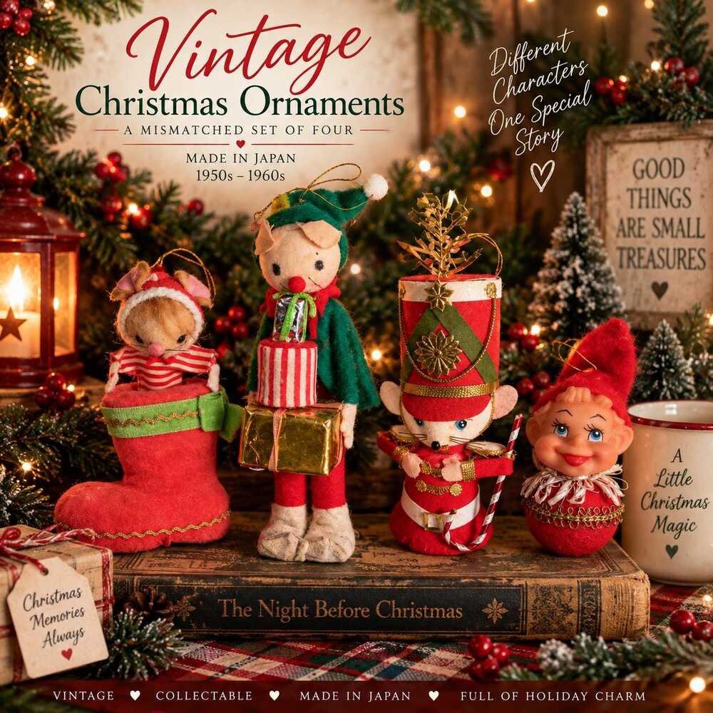 Vintage Christmas Ornaments Set of 4 | 1950s 1960s Japan Felt Christmas Figures